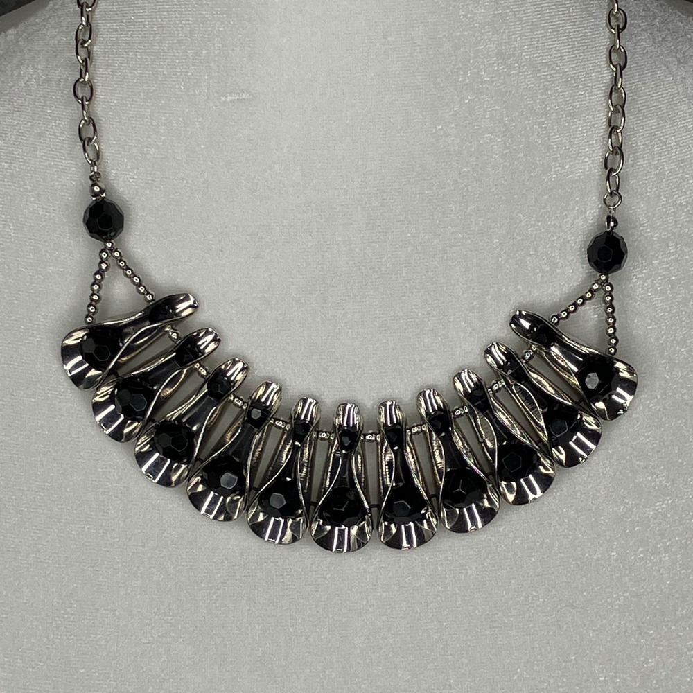 Modern Silver Tone Black Faceted Glass Beaded Bib Necklace Avant Garde Edgy Goth